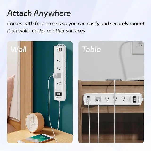 Alt view image 4 of 7 - Surge Protector Power Strip 5 FT Extension Cord with Multiple Outlets - 12 Widely AC Outlets and 3 USB Ports, Flat Plug, Wall Mount Outlet Extender with 1700J Overload Protection, ETL Listed