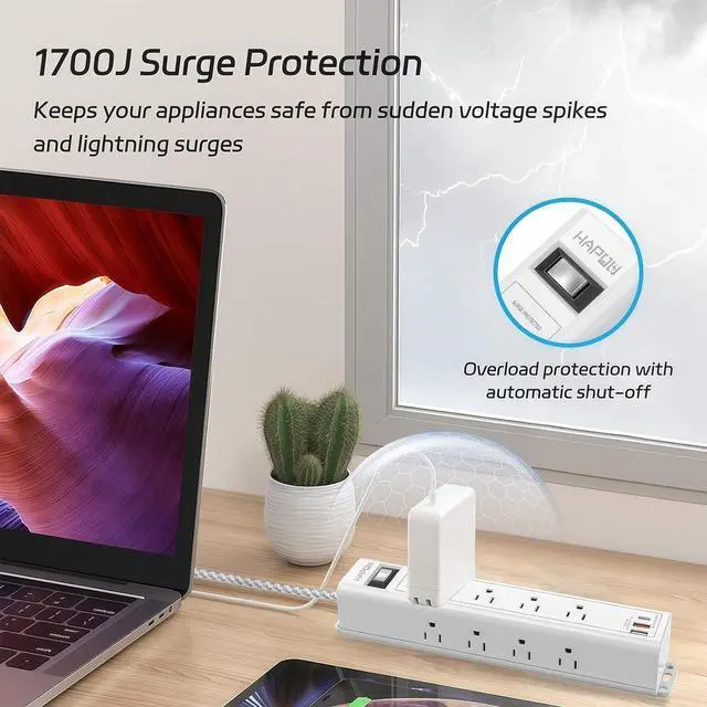 Alt view image 5 of 7 - Surge Protector Power Strip 5 FT Extension Cord with Multiple Outlets - 12 Widely AC Outlets and 3 USB Ports, Flat Plug, Wall Mount Outlet Extender with 1700J Overload Protection, ETL Listed
