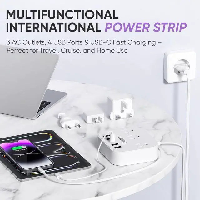 Alt view image 2 of 7 - European Plug Adapter, Unidapt US to UK Europe Power Strip for EU/UK/US with USB C and 4 USB Ports, 3 AC Outlets, Wall Mountable, 5ft Extension Cord, for Travel Cruise Ship Home