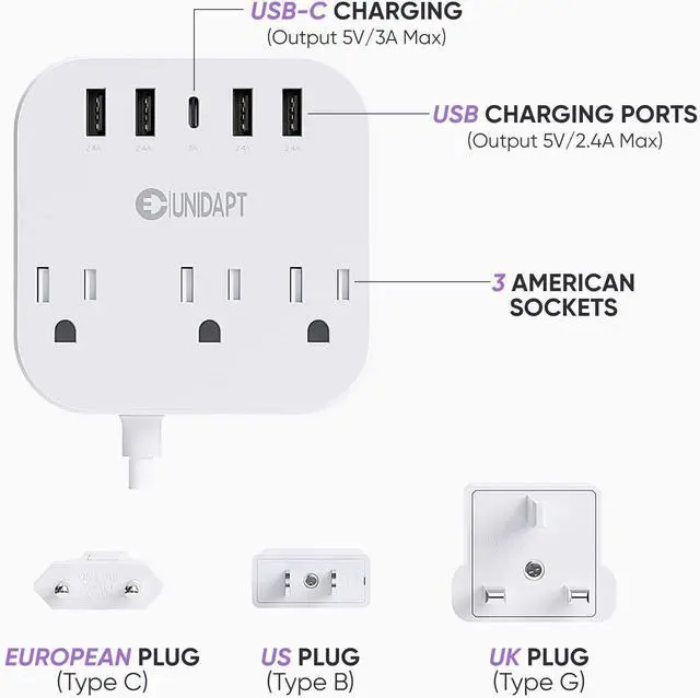 Alt view image 6 of 7 - European Plug Adapter, Unidapt US to UK Europe Power Strip for EU/UK/US with USB C and 4 USB Ports, 3 AC Outlets, Wall Mountable, 5ft Extension Cord, for Travel Cruise Ship Home
