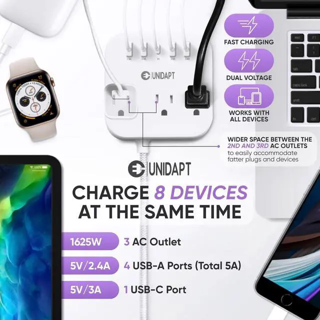 Alt view image 5 of 7 - European Plug Adapter, Unidapt US to UK Europe Power Strip for EU/UK/US with USB C and 4 USB Ports, 3 AC Outlets, Wall Mountable, 5ft Extension Cord, for Travel Cruise Ship Home