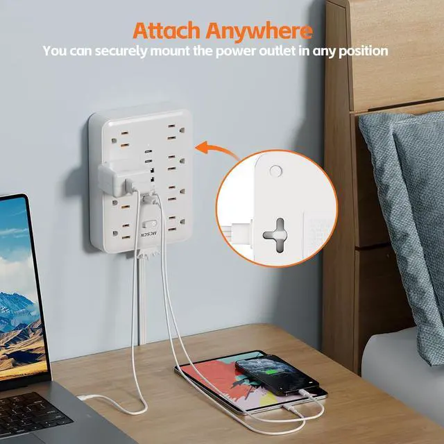 Alt view image 6 of 7 - Surge Protector Power Strip(900J) -MCSCN 8 Outlets 6 USB - 15A/1875W - 10ft Extension Cord,Ultra-Thin Plug & Cord - UL Certified - Home/Office Use