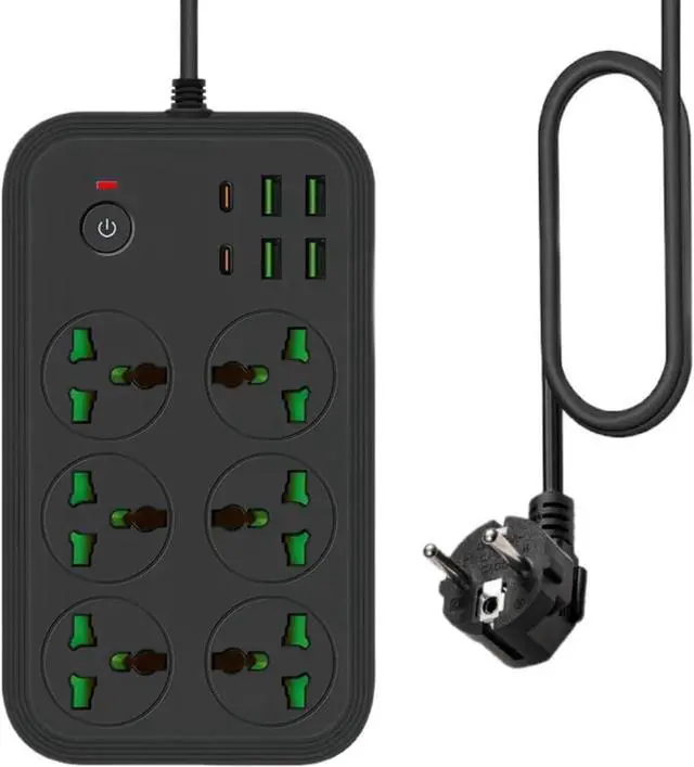 Main image of (EU Plug) 12 in 1 Power Strip with USB C, Universal Extension Cord with 6 Wide Outlets and 4 USB, 110-240v, Max 3000w, Wall Mount International Plug Extender for European Travel