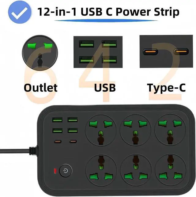 Alt view image 3 of 6 - (EU Plug) 12 in 1 Power Strip with USB C, Universal Extension Cord with 6 Wide Outlets and 4 USB, 110-240v, Max 3000w, Wall Mount International Plug Extender for European Travel