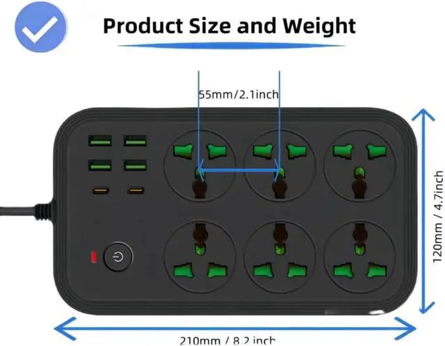 Alt view image 2 of 6 - (EU Plug) 12 in 1 Power Strip with USB C, Universal Extension Cord with 6 Wide Outlets and 4 USB, 110-240v, Max 3000w, Wall Mount International Plug Extender for European Travel