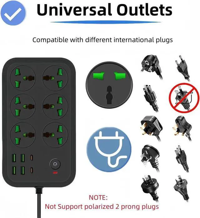 Alt view image 4 of 6 - (EU Plug) 12 in 1 Power Strip with USB C, Universal Extension Cord with 6 Wide Outlets and 4 USB, 110-240v, Max 3000w, Wall Mount International Plug Extender for European Travel