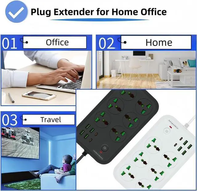 Alt view image 5 of 6 - (EU Plug) 12 in 1 Power Strip with USB C, Universal Extension Cord with 6 Wide Outlets and 4 USB, 110-240v, Max 3000w, Wall Mount International Plug Extender for European Travel