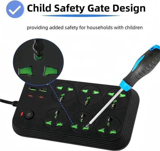 Alt view image 6 of 6 - (EU Plug) 12 in 1 Power Strip with USB C, Universal Extension Cord with 6 Wide Outlets and 4 USB, 110-240v, Max 3000w, Wall Mount International Plug Extender for European Travel