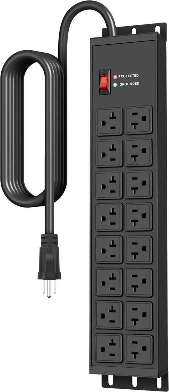 Main image of JUNNUJ Heavy Duty 20 Amp Power Strip 4800J, 16 Outlets 12 Gauge Garage Industrial Surge Protector, High Amp 5-15P Adapter Shop 6-20R T-Slot Metal Outlet, 6 FT Extension Cord Commercial for Appliance