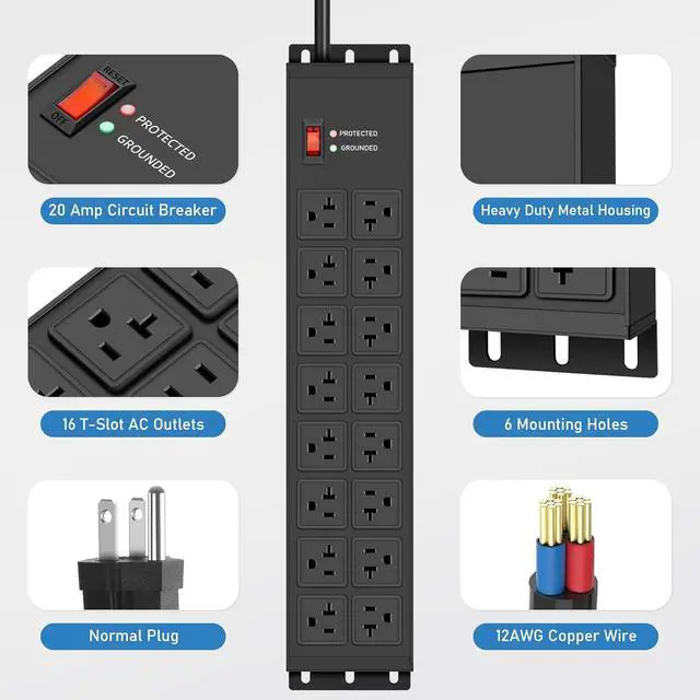 Alt view image 2 of 7 - JUNNUJ Heavy Duty 20 Amp Power Strip 4800J, 16 Outlets 12 Gauge Garage Industrial Surge Protector, High Amp 5-15P Adapter Shop 6-20R T-Slot Metal Outlet, 6 FT Extension Cord Commercial for Appliance