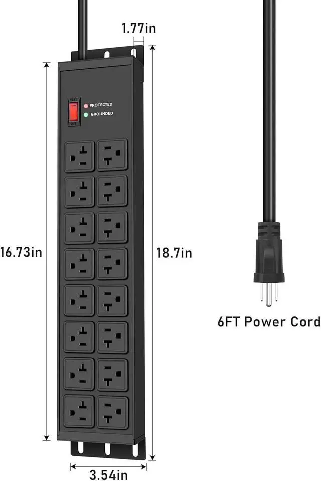 Alt view image 7 of 7 - JUNNUJ Heavy Duty 20 Amp Power Strip 4800J, 16 Outlets 12 Gauge Garage Industrial Surge Protector, High Amp 5-15P Adapter Shop 6-20R T-Slot Metal Outlet, 6 FT Extension Cord Commercial for Appliance