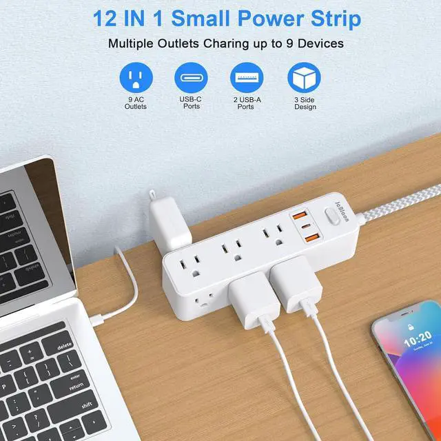 Alt view image 2 of 6 - Flat Plug Power Strip Surge Protector, 5ft Ultra Thin Extension Cord with 4 USB Wall Charger(2 USB C Port), 6 Widely-Spaced Outlets Power Strip Compact for Travel, Office, Dorm Room Essentials (White)
