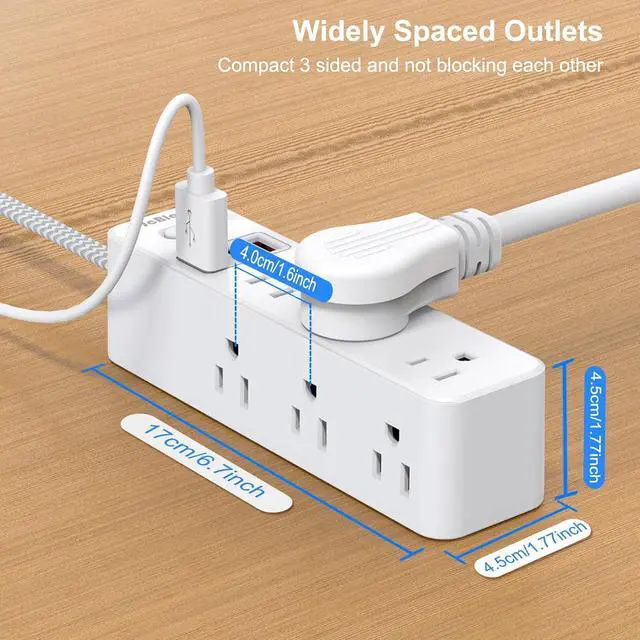 Alt view image 6 of 6 - Flat Plug Power Strip Surge Protector, 5ft Ultra Thin Extension Cord with 4 USB Wall Charger(2 USB C Port), 6 Widely-Spaced Outlets Power Strip Compact for Travel, Office, Dorm Room Essentials (White)