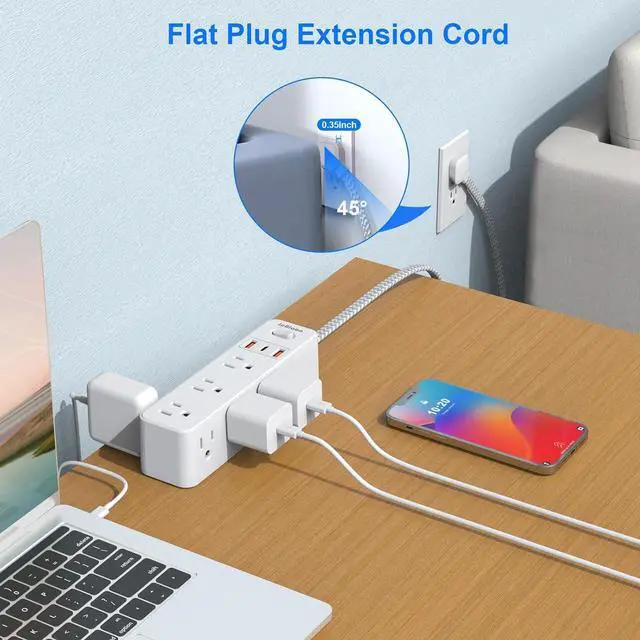 Alt view image 5 of 6 - Flat Plug Power Strip Surge Protector, 5ft Ultra Thin Extension Cord with 4 USB Wall Charger(2 USB C Port), 6 Widely-Spaced Outlets Power Strip Compact for Travel, Office, Dorm Room Essentials (White)