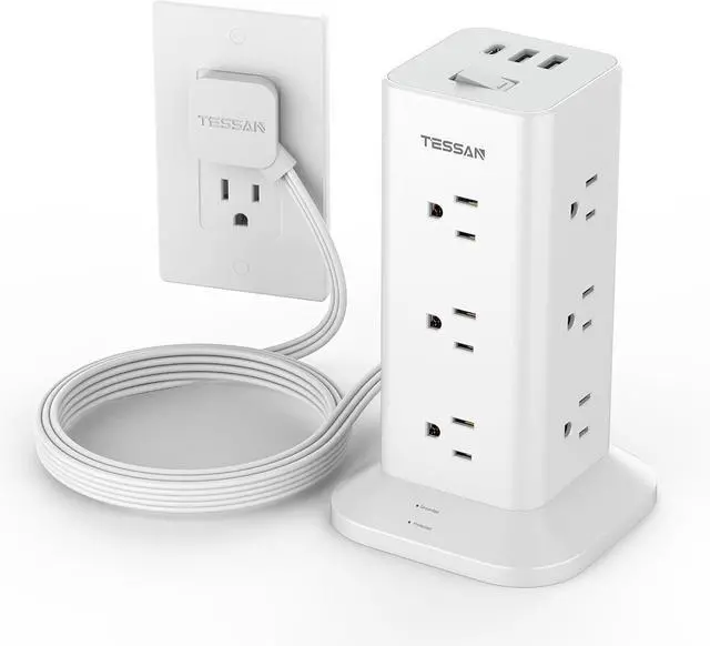 Main image of TESSAN Power Strip Tower with Surge Protection, Flat Plug Extension Cord 6 Feet with 12 Multiple Outlets 3 USB Ports (1 USB C), 900J Surge Protector Tower for Home,Supplies for Dorm Room Essentials