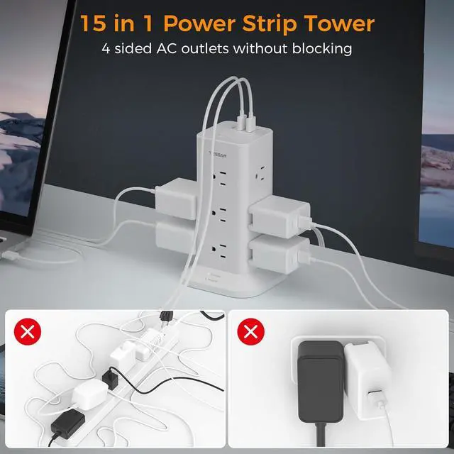 Alt view image 3 of 6 - TESSAN Power Strip Tower with Surge Protection, Flat Plug Extension Cord 6 Feet with 12 Multiple Outlets 3 USB Ports (1 USB C), 900J Surge Protector Tower for Home,Supplies for Dorm Room Essentials