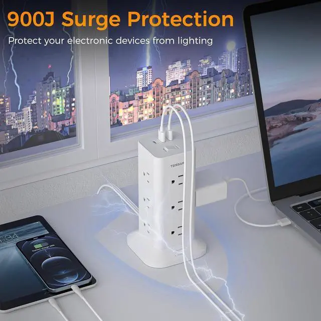 Alt view image 5 of 6 - TESSAN Power Strip Tower with Surge Protection, Flat Plug Extension Cord 6 Feet with 12 Multiple Outlets 3 USB Ports (1 USB C), 900J Surge Protector Tower for Home,Supplies for Dorm Room Essentials