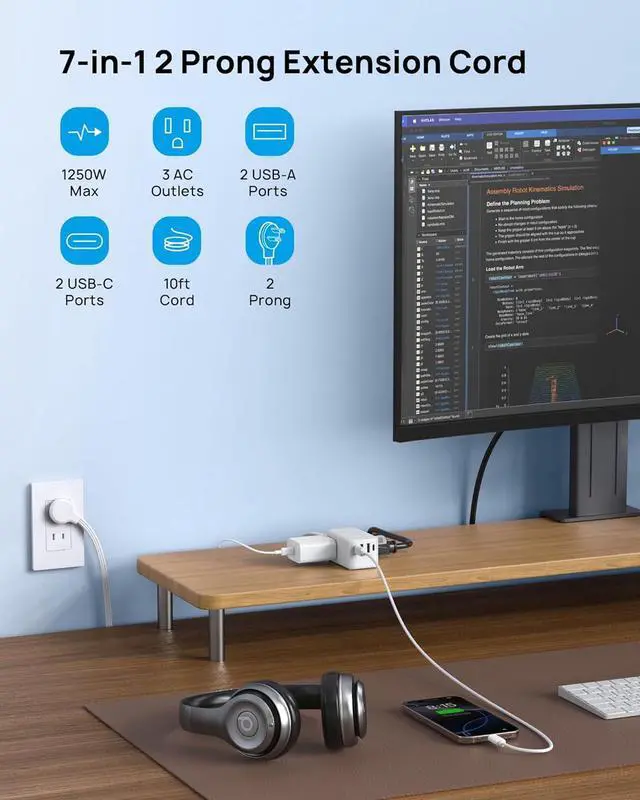 Alt view image 2 of 7 - TROND 2 Prong Power Strip, Two Prong Outlet Adapter, 20W USB C, 10 FT Ultra Flat Plug Extension Cord, 1250W, 3 Outlets, Wall Mount, 3 Side Design, Ideal for Old House, White