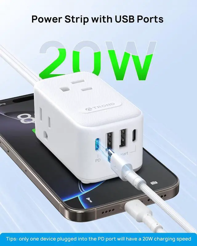 Alt view image 3 of 7 - TROND 2 Prong Power Strip, Two Prong Outlet Adapter, 20W USB C, 10 FT Ultra Flat Plug Extension Cord, 1250W, 3 Outlets, Wall Mount, 3 Side Design, Ideal for Old House, White