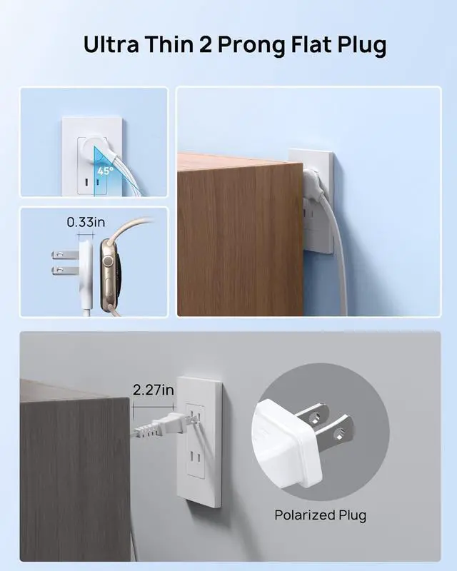 Alt view image 4 of 7 - TROND 2 Prong Power Strip, Two Prong Outlet Adapter, 20W USB C, 10 FT Ultra Flat Plug Extension Cord, 1250W, 3 Outlets, Wall Mount, 3 Side Design, Ideal for Old House, White