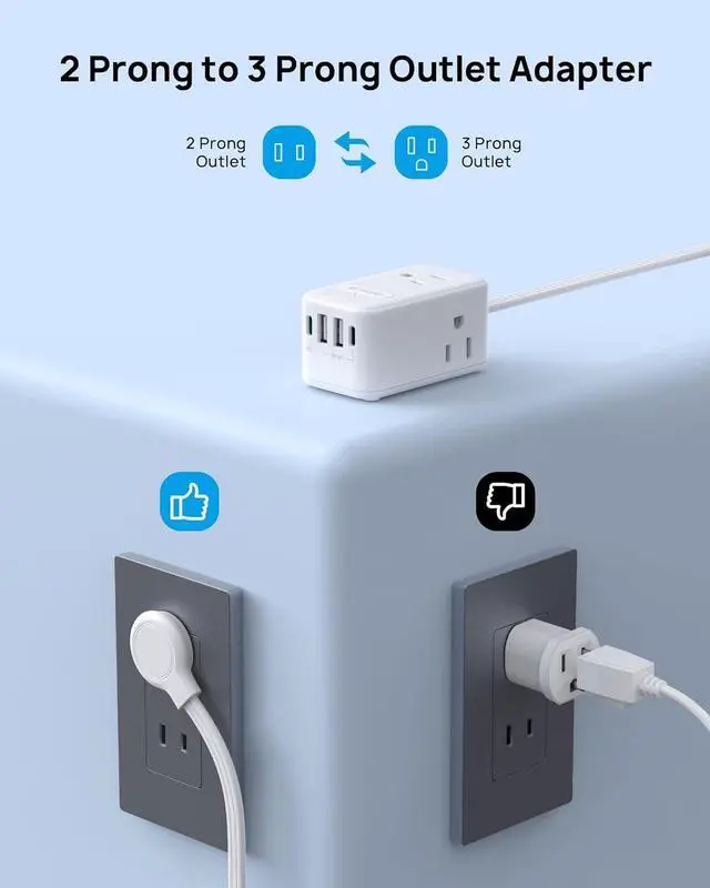 Alt view image 5 of 7 - TROND 2 Prong Power Strip, Two Prong Outlet Adapter, 20W USB C, 10 FT Ultra Flat Plug Extension Cord, 1250W, 3 Outlets, Wall Mount, 3 Side Design, Ideal for Old House, White