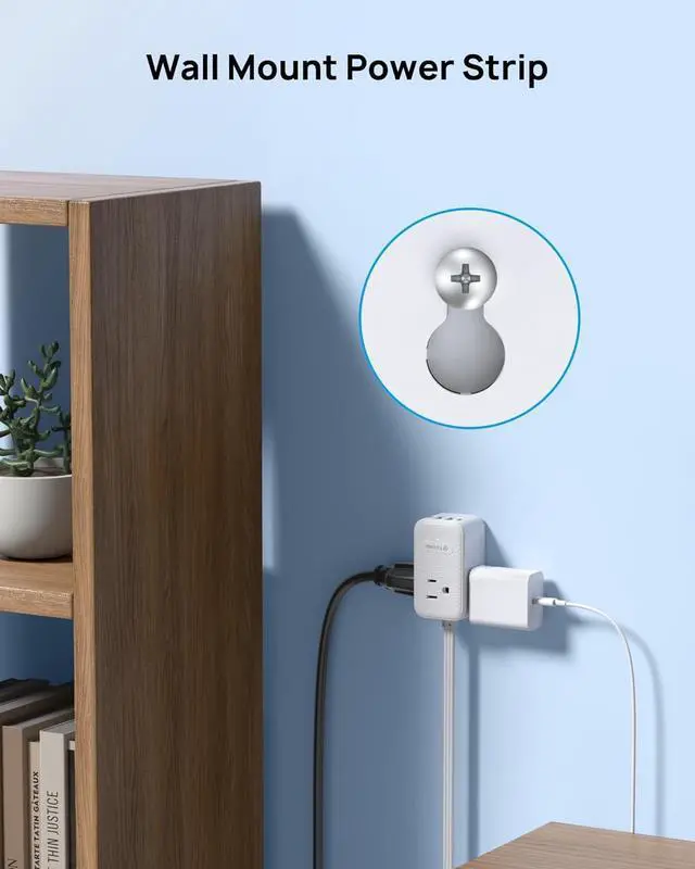 Alt view image 7 of 7 - TROND 2 Prong Power Strip, Two Prong Outlet Adapter, 20W USB C, 10 FT Ultra Flat Plug Extension Cord, 1250W, 3 Outlets, Wall Mount, 3 Side Design, Ideal for Old House, White