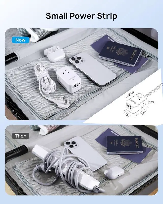 Alt view image 6 of 7 - TROND 2 Prong Power Strip, Two Prong Outlet Adapter, 20W USB C, 10 FT Ultra Flat Plug Extension Cord, 1250W, 3 Outlets, Wall Mount, 3 Side Design, Ideal for Old House, White