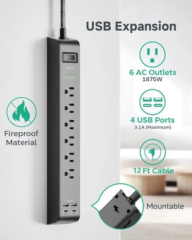 Alt view image 2 of 7 - 12FT Long Power Strip Surge Protector - with 6 Outlets 4 USB Ports, Heavy-Duty Braided Extension Cord, Flat Plug, 900 Joules, 15A Circuit Breaker, Wall Mount for Home Office (2 Pack)