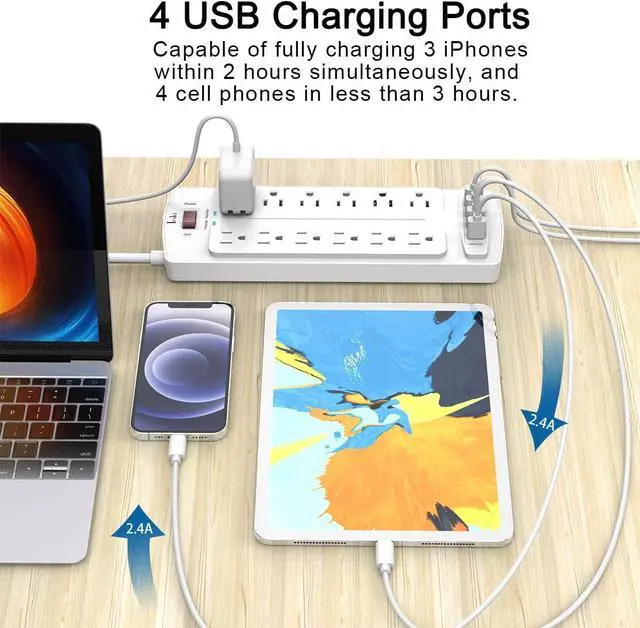 Alt view image 3 of 7 - Power Strip, Tcstei Surge Protector with 12 Outlets and 4 USB Ports, 6 Feet Extension Cord (1875W/15A) for for Home, Office, Dorm Essentials, 2700 Joules, ETL Listed, (White)