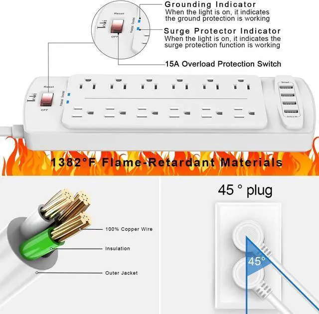 Alt view image 6 of 7 - Power Strip, Tcstei Surge Protector with 12 Outlets and 4 USB Ports, 6 Feet Extension Cord (1875W/15A) for for Home, Office, Dorm Essentials, 2700 Joules, ETL Listed, (White)