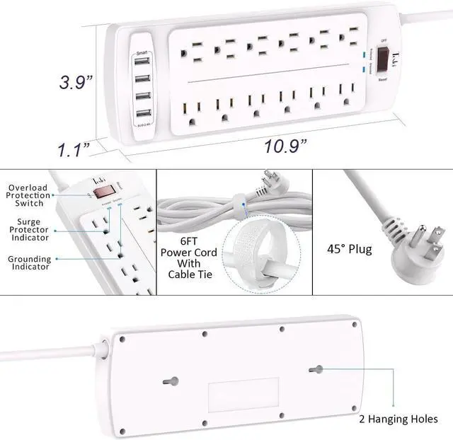 Alt view image 7 of 7 - Power Strip, Tcstei Surge Protector with 12 Outlets and 4 USB Ports, 6 Feet Extension Cord (1875W/15A) for for Home, Office, Dorm Essentials, 2700 Joules, ETL Listed, (White)