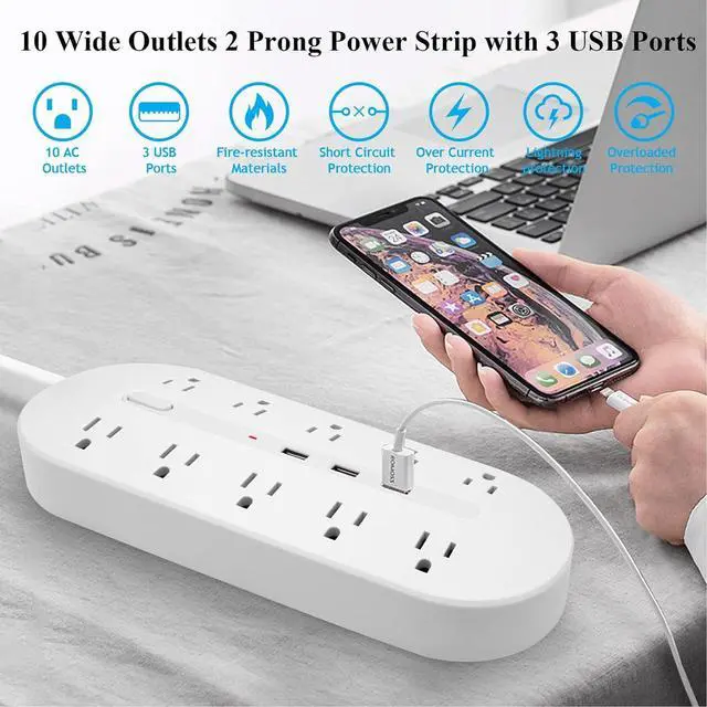 Alt view image 2 of 7 - 2 Prong Power Strip with USB, Polarized 2 Prong to 3 Prong Outlet Adapter, 6.6ft Extension Cord Surge Protector with USB Ports, Wall Mountable, Non-Grounded Outlets for Home,White