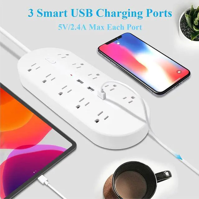 Alt view image 3 of 7 - 2 Prong Power Strip with USB, Polarized 2 Prong to 3 Prong Outlet Adapter, 6.6ft Extension Cord Surge Protector with USB Ports, Wall Mountable, Non-Grounded Outlets for Home,White