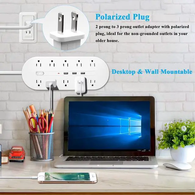 Alt view image 4 of 7 - 2 Prong Power Strip with USB, Polarized 2 Prong to 3 Prong Outlet Adapter, 6.6ft Extension Cord Surge Protector with USB Ports, Wall Mountable, Non-Grounded Outlets for Home,White