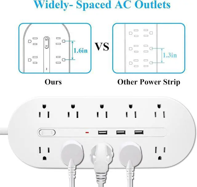Alt view image 6 of 7 - 2 Prong Power Strip with USB, Polarized 2 Prong to 3 Prong Outlet Adapter, 6.6ft Extension Cord Surge Protector with USB Ports, Wall Mountable, Non-Grounded Outlets for Home,White