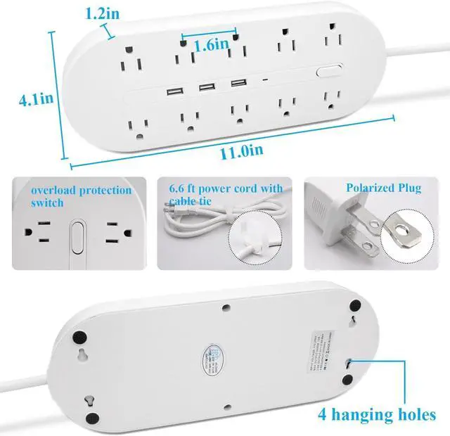 Alt view image 7 of 7 - 2 Prong Power Strip with USB, Polarized 2 Prong to 3 Prong Outlet Adapter, 6.6ft Extension Cord Surge Protector with USB Ports, Wall Mountable, Non-Grounded Outlets for Home,White