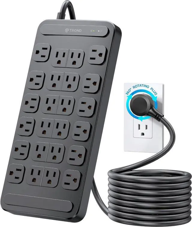 Main image of TROND Surge Protector Power Strip 360° Rotating Flat Plug, 24 AC Outlets, 4000 Joules, 6ft Heavy Duty Extension Cord 1875W, ETL Listed, Ideal for Gaming Office Home Dorm Room Essentials Black