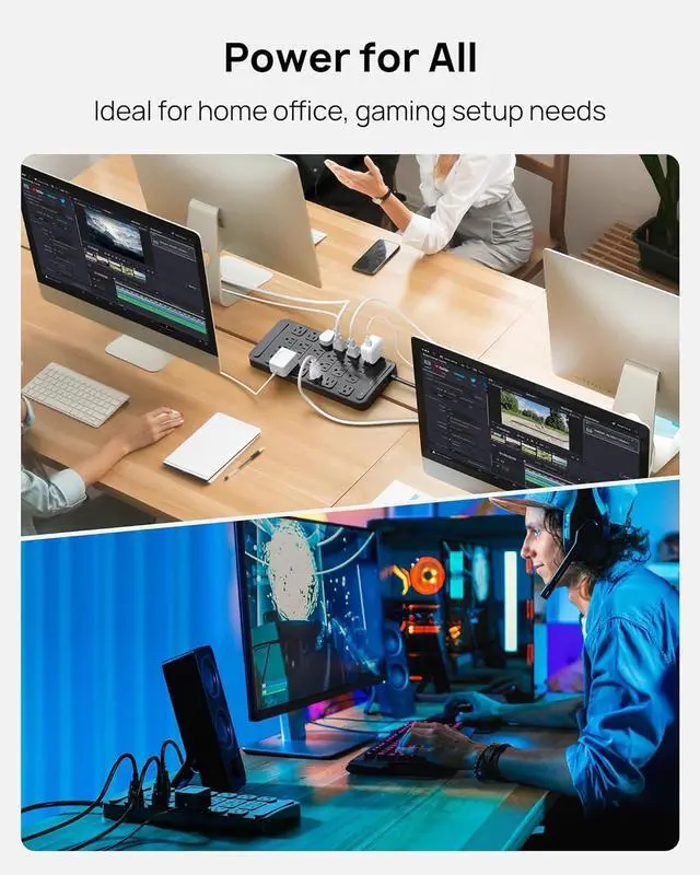 Alt view image 3 of 7 - TROND Surge Protector Power Strip 360° Rotating Flat Plug, 24 AC Outlets, 4000 Joules, 6ft Heavy Duty Extension Cord 1875W, ETL Listed, Ideal for Gaming Office Home Dorm Room Essentials Black