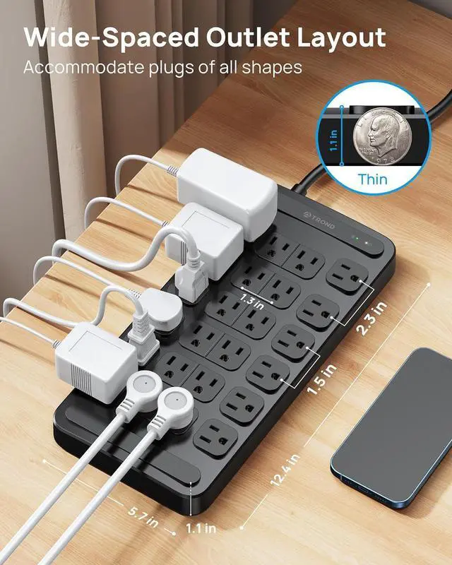 Alt view image 5 of 7 - TROND Surge Protector Power Strip 360° Rotating Flat Plug, 24 AC Outlets, 4000 Joules, 6ft Heavy Duty Extension Cord 1875W, ETL Listed, Ideal for Gaming Office Home Dorm Room Essentials Black