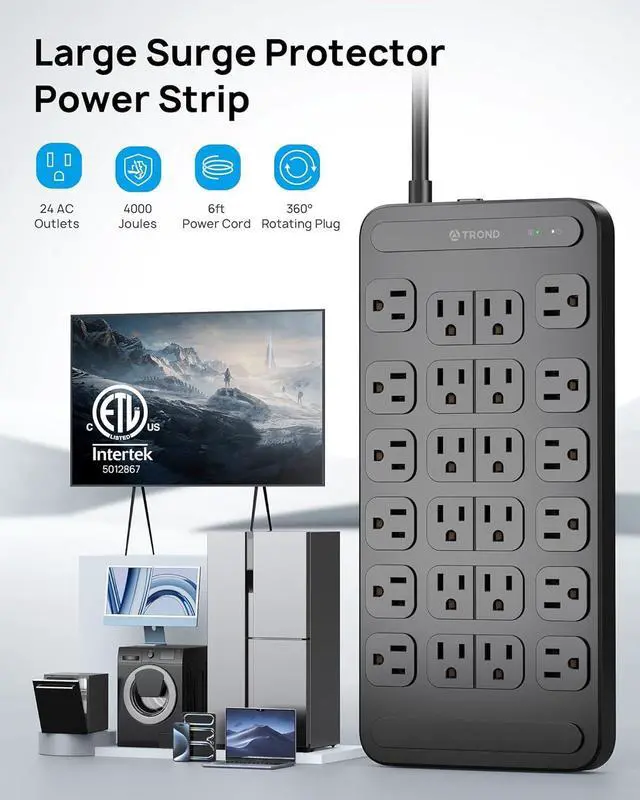 Alt view image 6 of 7 - TROND Surge Protector Power Strip 360° Rotating Flat Plug, 24 AC Outlets, 4000 Joules, 6ft Heavy Duty Extension Cord 1875W, ETL Listed, Ideal for Gaming Office Home Dorm Room Essentials Black