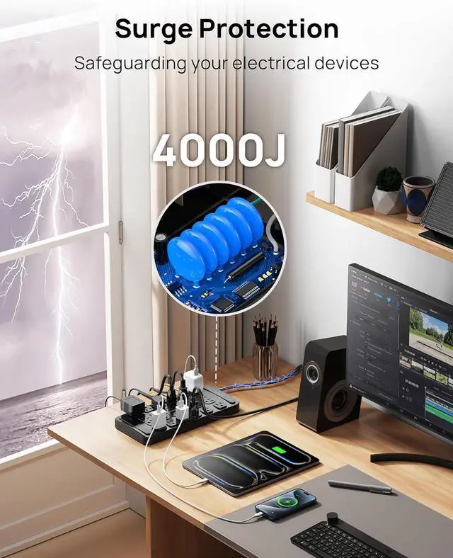 Alt view image 4 of 7 - TROND Surge Protector Power Strip 360° Rotating Flat Plug, 24 AC Outlets, 4000 Joules, 6ft Heavy Duty Extension Cord 1875W, ETL Listed, Ideal for Gaming Office Home Dorm Room Essentials Black