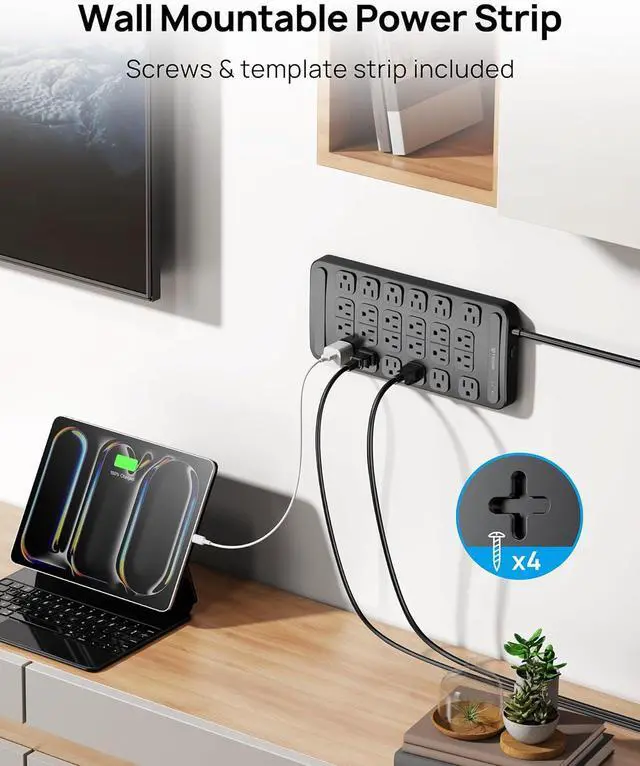 Alt view image 7 of 7 - TROND Surge Protector Power Strip 360° Rotating Flat Plug, 24 AC Outlets, 4000 Joules, 6ft Heavy Duty Extension Cord 1875W, ETL Listed, Ideal for Gaming Office Home Dorm Room Essentials Black