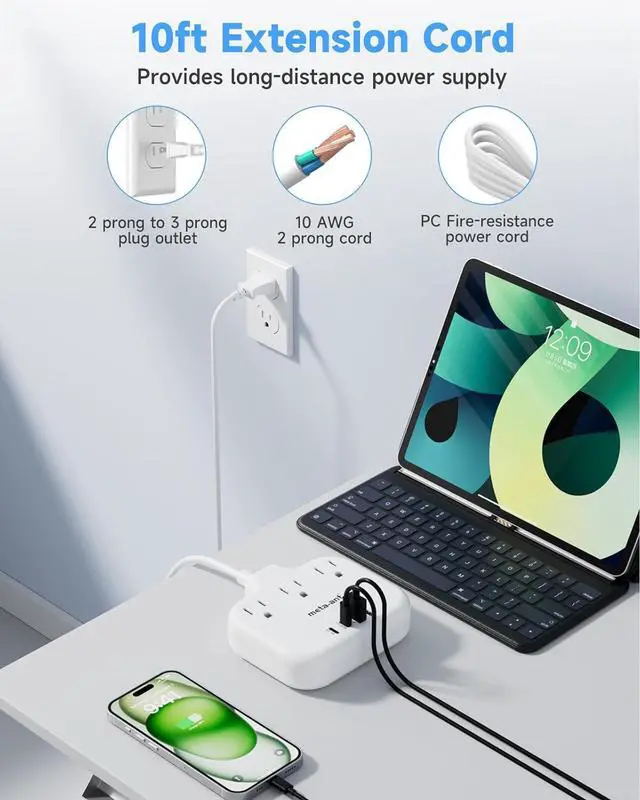 Alt view image 2 of 6 - 2 Prong Power Strip with 10 Extension Cord, meta-ant 2 Prong to 3 Prong Outlet Adapter, Two Prong Power Strip with 3 Outlets & 4 USB(2 USB-C), 2 Prong Outlet, Polarized, for Old House,White