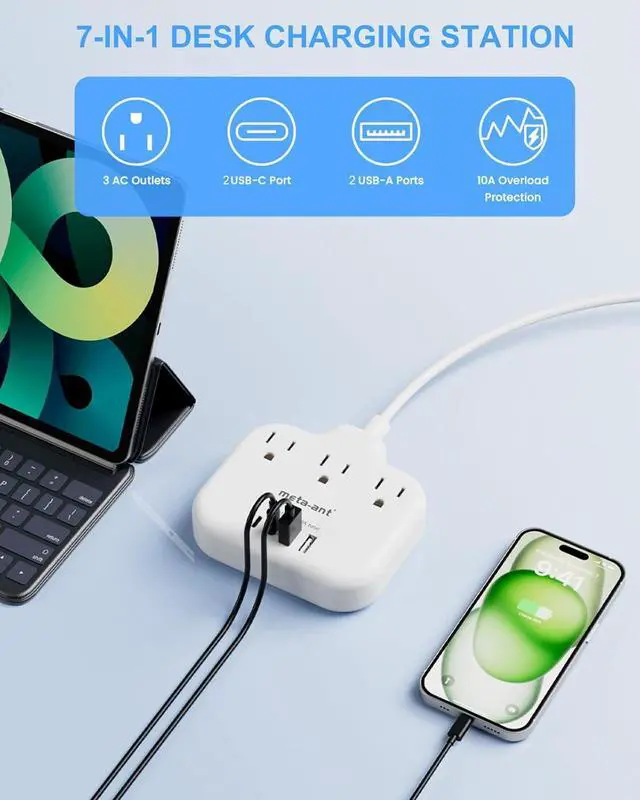 Alt view image 3 of 6 - 2 Prong Power Strip with 10 Extension Cord, meta-ant 2 Prong to 3 Prong Outlet Adapter, Two Prong Power Strip with 3 Outlets & 4 USB(2 USB-C), 2 Prong Outlet, Polarized, for Old House,White