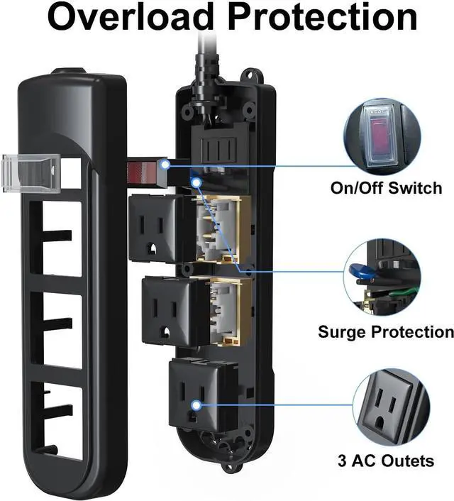 Alt view image 6 of 6 - Outdoor Power Strip Weatherproof, 25FT Heavy Duty Outdoor Extension Cord with 3 Outlets, Overload Protection, IPX4 Waterproof, Surge Protector for Kitchen, Bathroom, Patio (6FT-Black)
