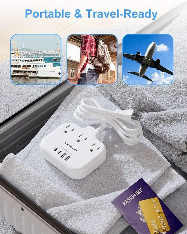 Alt view image 6 of 6 - 2 Prong Power Strip with 10 Extension Cord, meta-ant 2 Prong to 3 Prong Outlet Adapter, Two Prong Power Strip with 3 Outlets & 4 USB(2 USB-C), 2 Prong Outlet, Polarized, for Old House,White