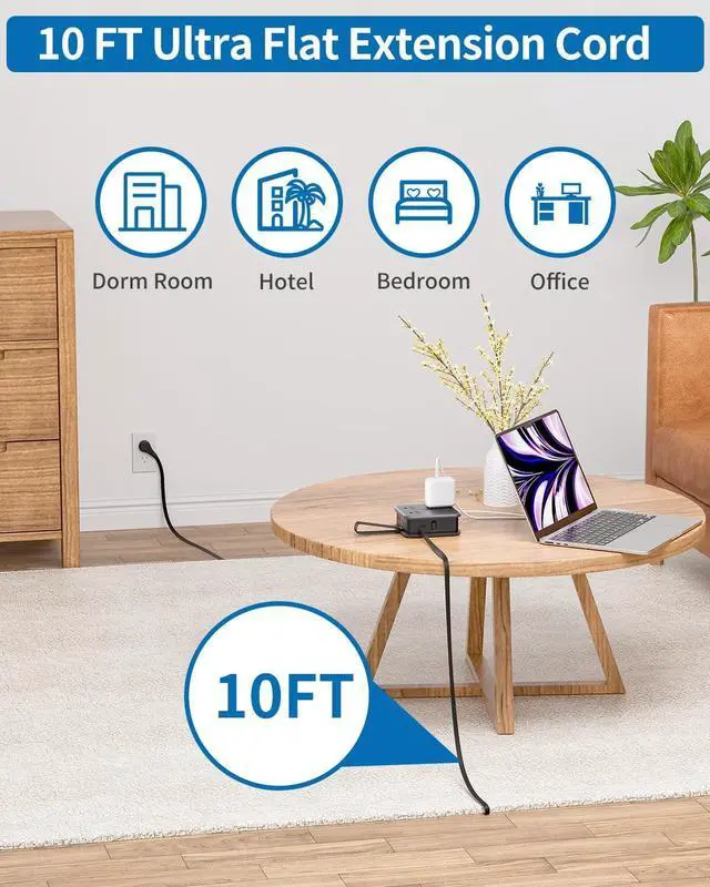 Alt view image 2 of 7 - 10FT Extension Cord, Flat Extension Cord with 8 Widely Outlets 3 USB Ports, Flat Plug Power Strip, 3-Sided Outlet Extender, Wall Mounted Extension Cord with Multiple Outlets for Home Office Dorm Room