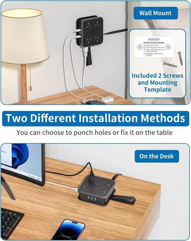 Alt view image 6 of 7 - 10FT Extension Cord, Flat Extension Cord with 8 Widely Outlets 3 USB Ports, Flat Plug Power Strip, 3-Sided Outlet Extender, Wall Mounted Extension Cord with Multiple Outlets for Home Office Dorm Room