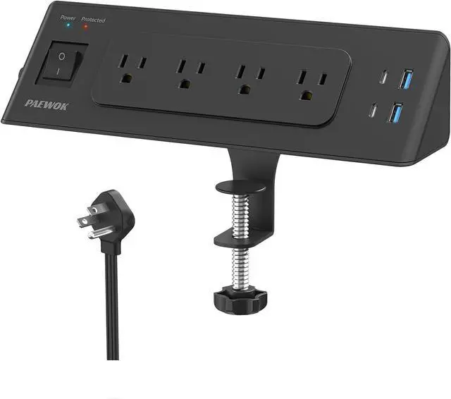 Main image of Desk Clamp Power Strip with USB C, Desk Charging Station with 4 Outlets 4 USB Ports, Desktop Mounted Power Strip Surge Protector, 6.5ft Flat Plug Extension Cord, Fit 1.9 inch Tabletop Edge, Black