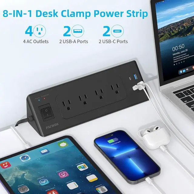 Alt view image 2 of 7 - Desk Clamp Power Strip with USB C, Desk Charging Station with 4 Outlets 4 USB Ports, Desktop Mounted Power Strip Surge Protector, 6.5ft Flat Plug Extension Cord, Fit 1.9 inch Tabletop Edge, Black